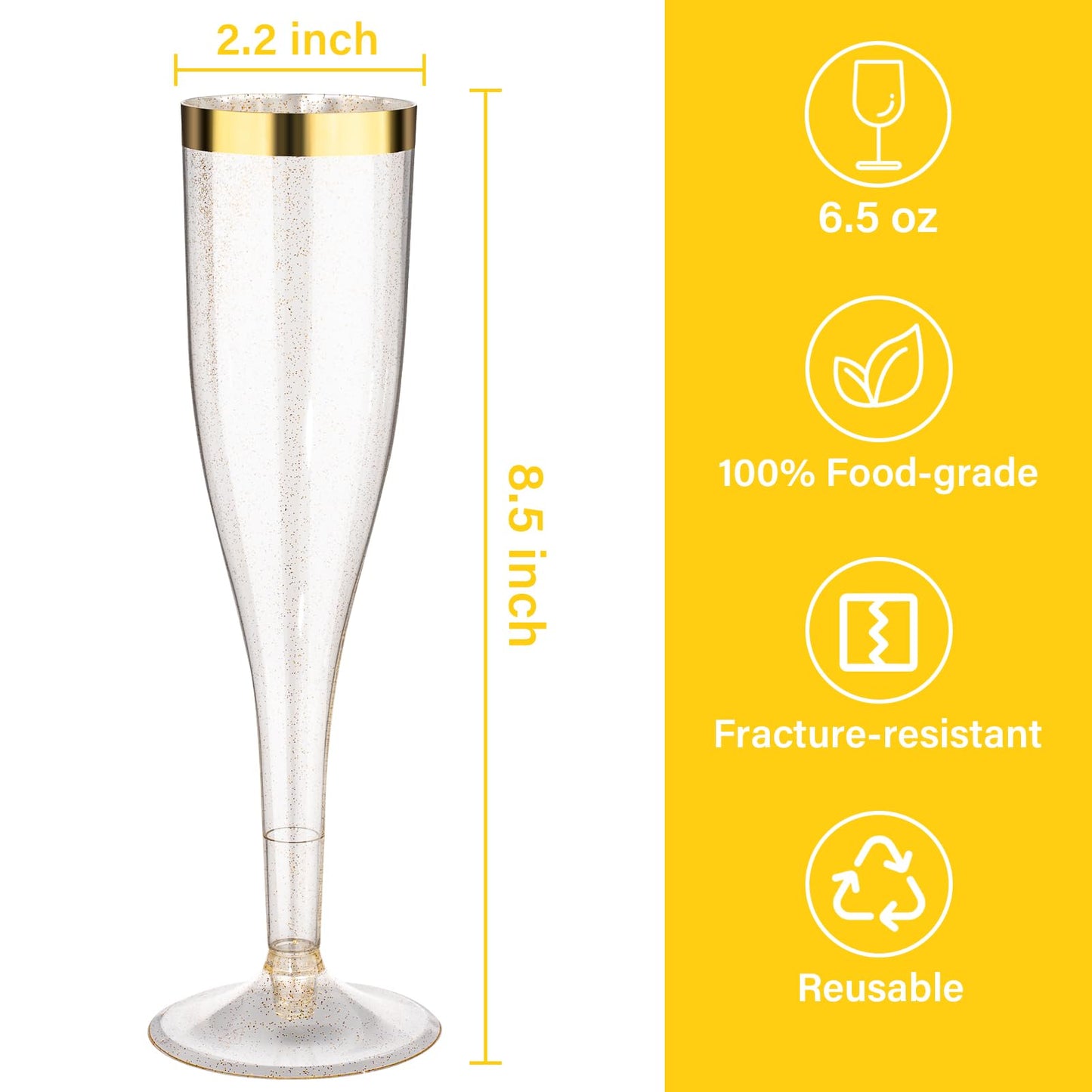 Goodluck 6.5 oz Disposable Plastic Gold Glitter Champagne Flutes with Gold Rim for Wedding, Engagement, Party, Mimosa Bar