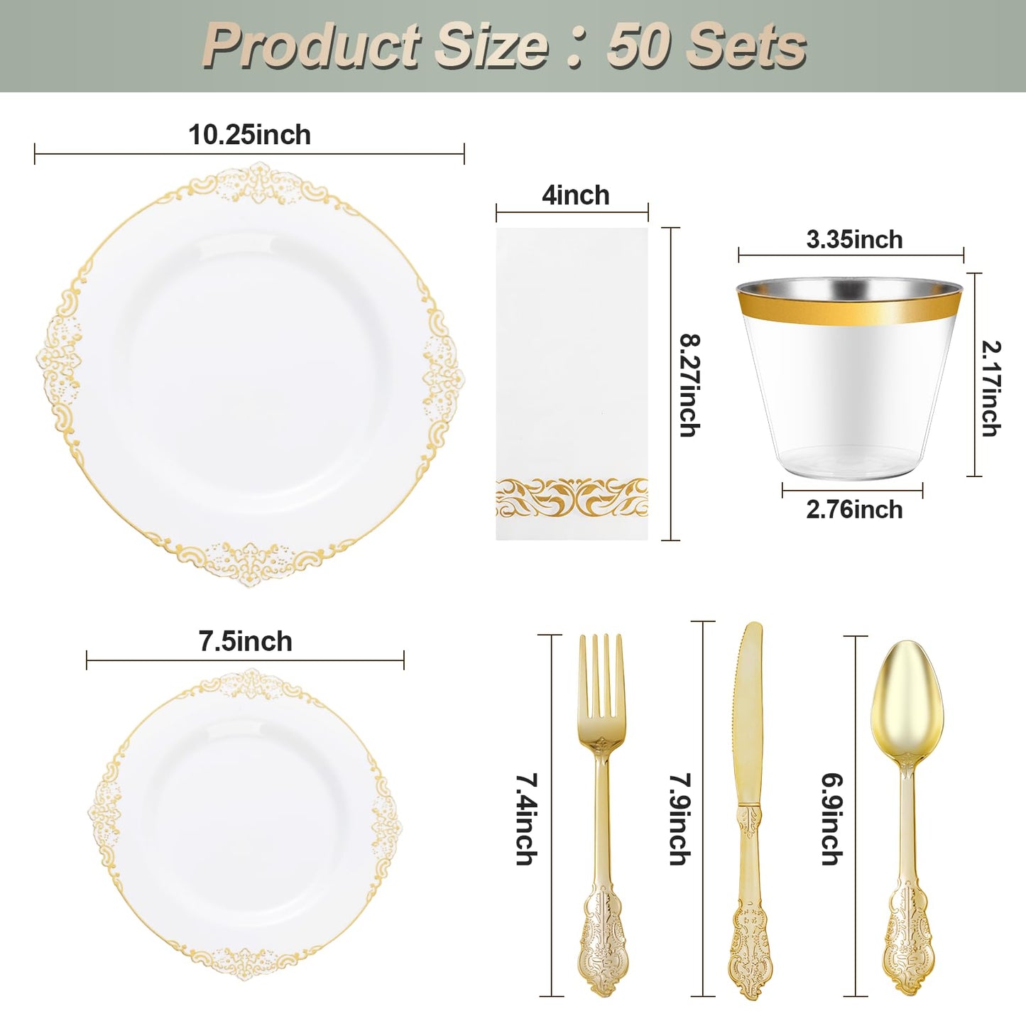 Goodluck 350PCS Disposable White with Gold Rim Plastic Dinnerware Set for 50 Guests