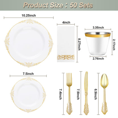 Goodluck 350PCS Disposable White with Gold Rim Plastic Dinnerware Set for 50 Guests