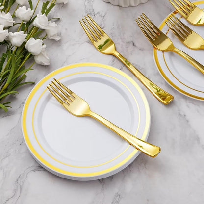 Goodluck Disposable Gold Dessert Plates with Plastic Forks for Party