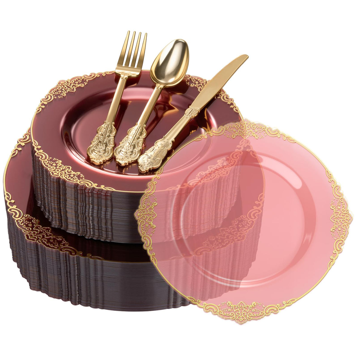 Heavy Duty Elegant Vintage Plastic Plates with Cutlery Set for Wedding, Bridal Shower, Anniversary