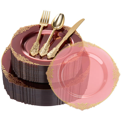 Heavy Duty Elegant Vintage Plastic Plates with Cutlery Set for Wedding, Bridal Shower, Anniversary