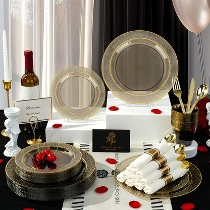 Disposable But Fancy Veined Clear Dinnerware Set for Christmas, Graduation, New Year, Thanksgiving, Valentine's Day