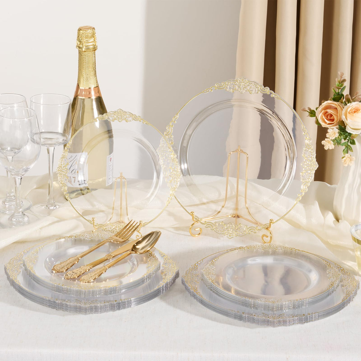 Heavy Duty Elegant Vintage Plastic Plates with Cutlery Set for Wedding, Bridal Shower, Anniversary