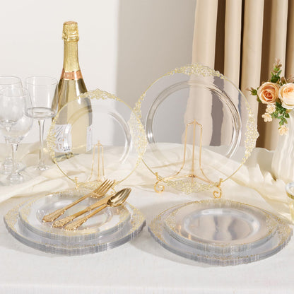 Heavy Duty Elegant Vintage Plastic Plates with Cutlery Set for Wedding, Bridal Shower, Anniversary