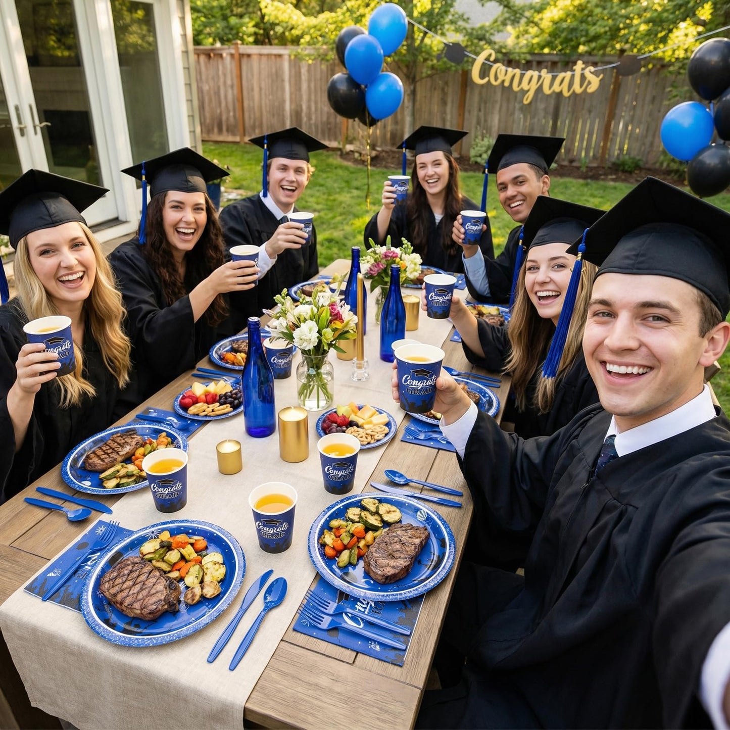 Graduation Party Supplies Include 9" & 7" Disposable Graduation Paper Plates, 9oz Cups, Napkins & Cutlery