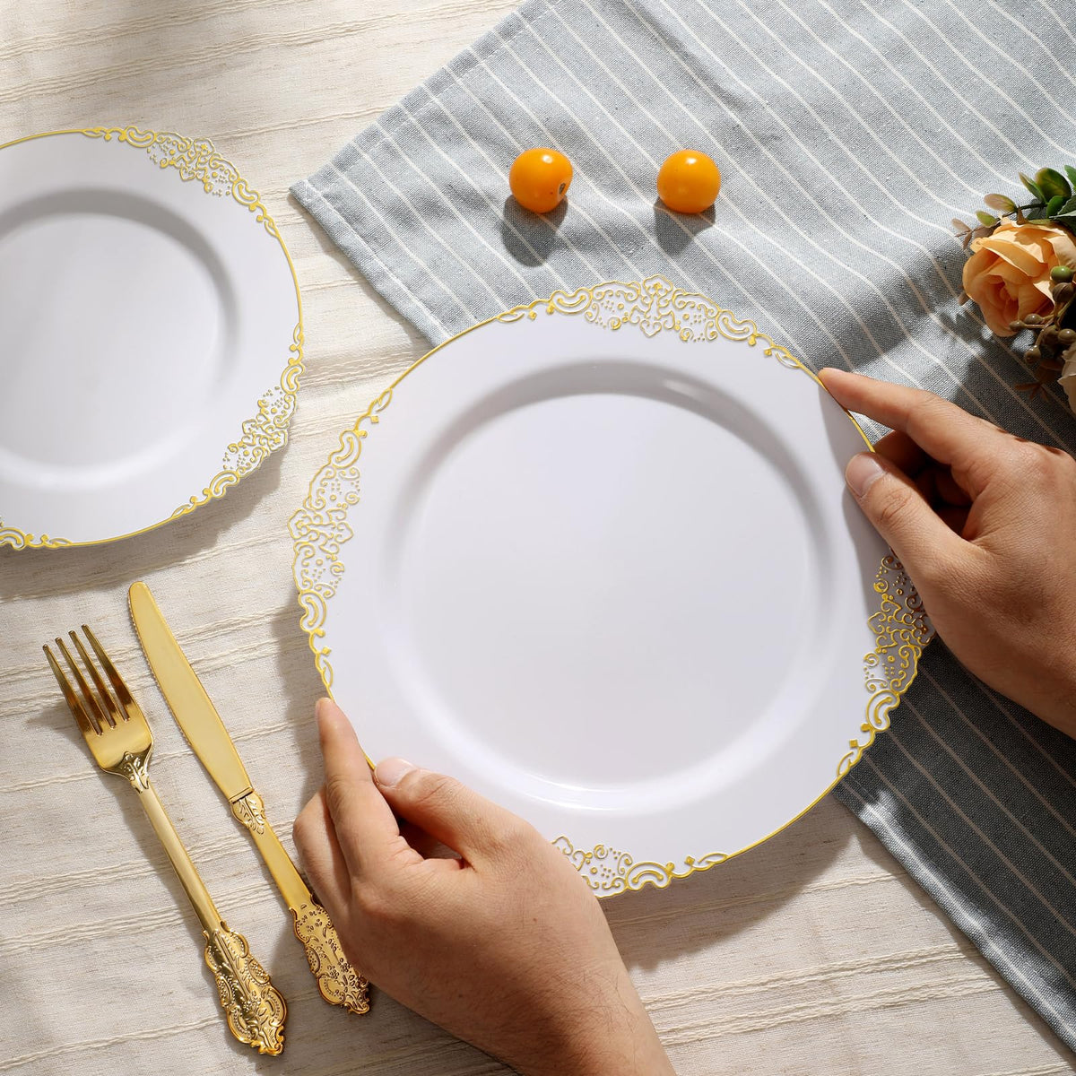 Heavy Duty Elegant Vintage Plastic Plates with Cutlery Set for Wedding, Bridal Shower, Anniversary