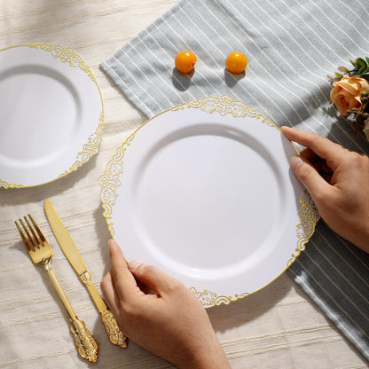 Heavy Duty Elegant Vintage Plastic Plates with Cutlery Set for Wedding, Bridal Shower, Anniversary