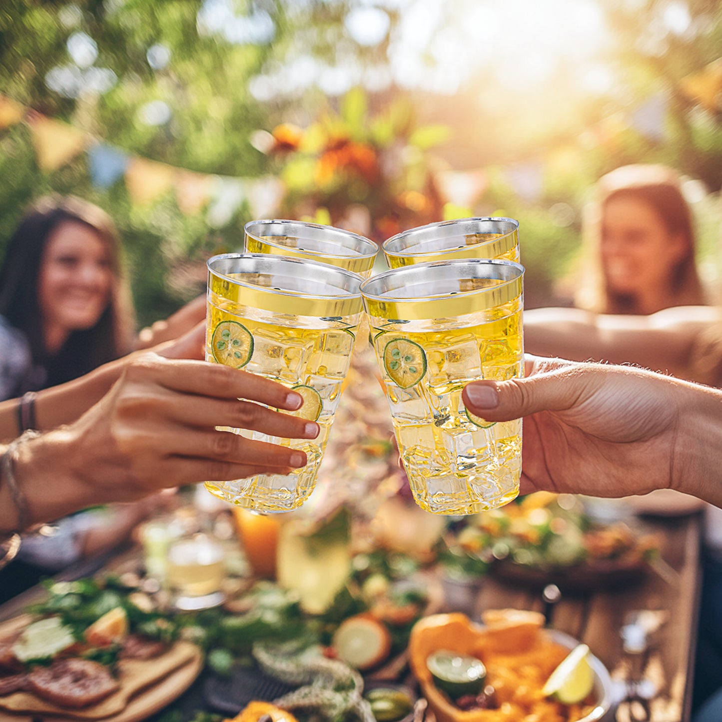 Goodluck 100 Pack 12oz Disposable Clear with Gold Rim Cups for Party, Holiday, Christmas, Wedding, Birthday, and Everyday Use