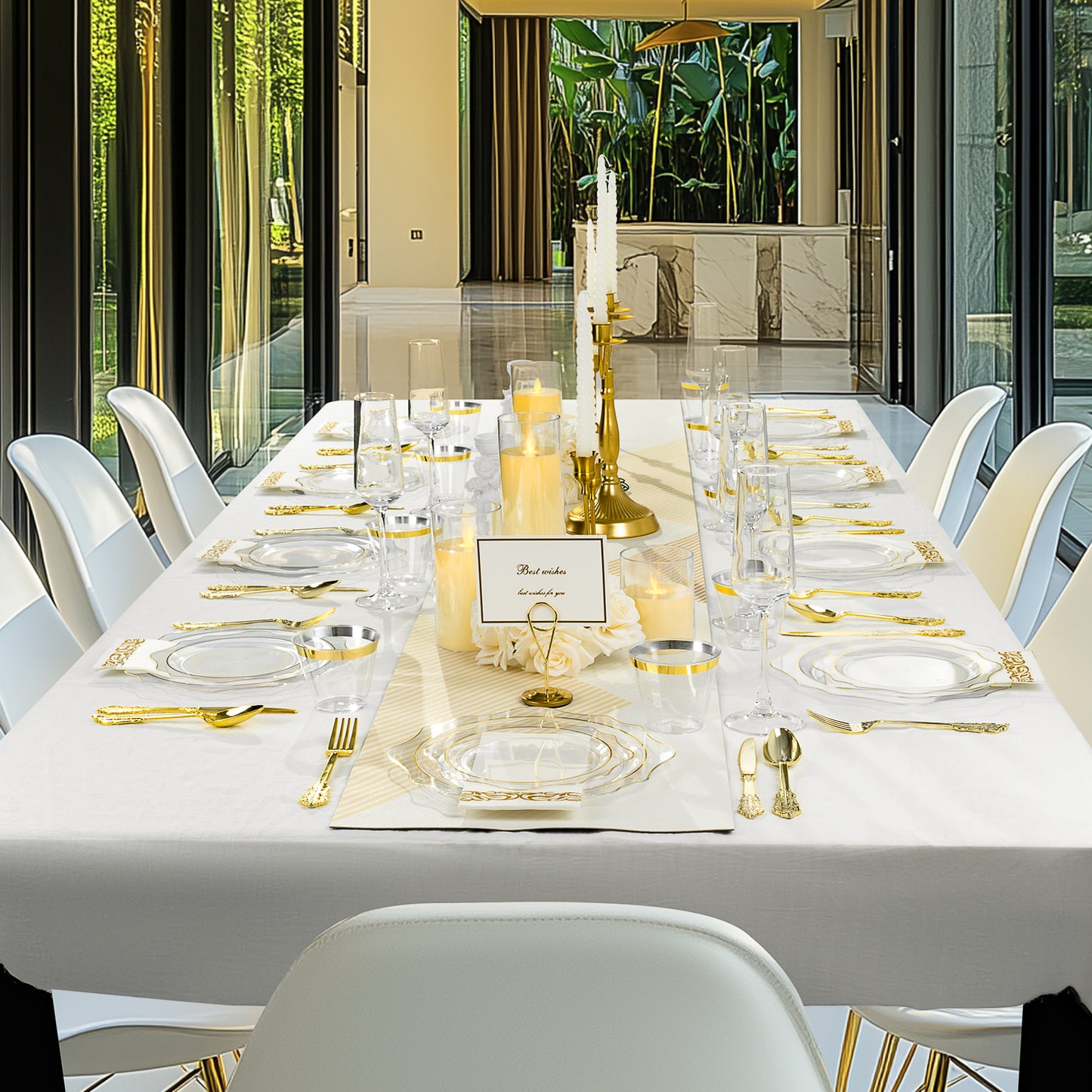 Goodluck 350 PCS Disposable Scallop Clear and Gold Plastic Dinnerware Set for 50 Guests