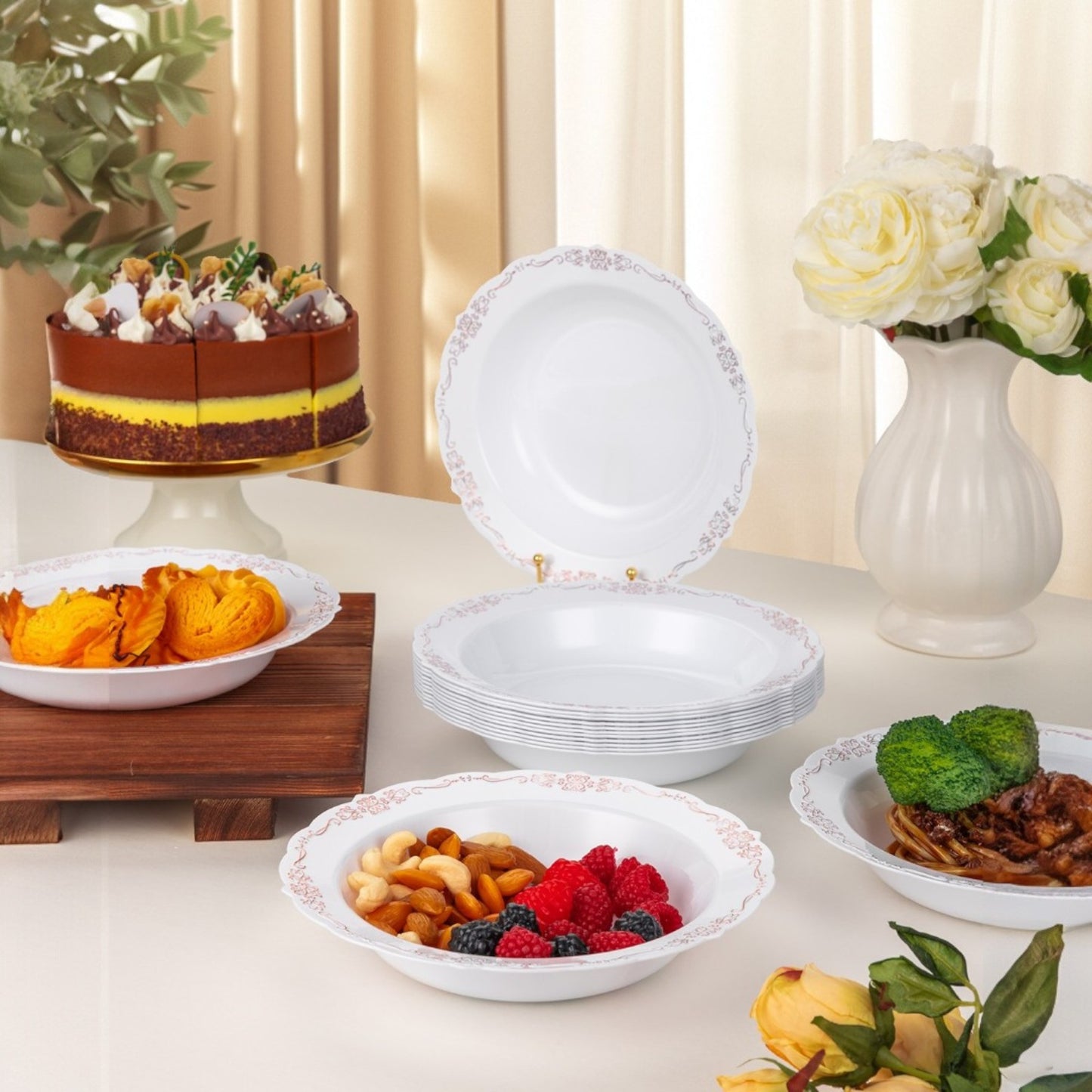 Goodluck 12oz Disposable Heavy Duty White Plastic Bowls with Rose Gold Rim Plastic Bowl for Hot Soup, Dessert, Salad, Cake, Ice Cream, Fruit