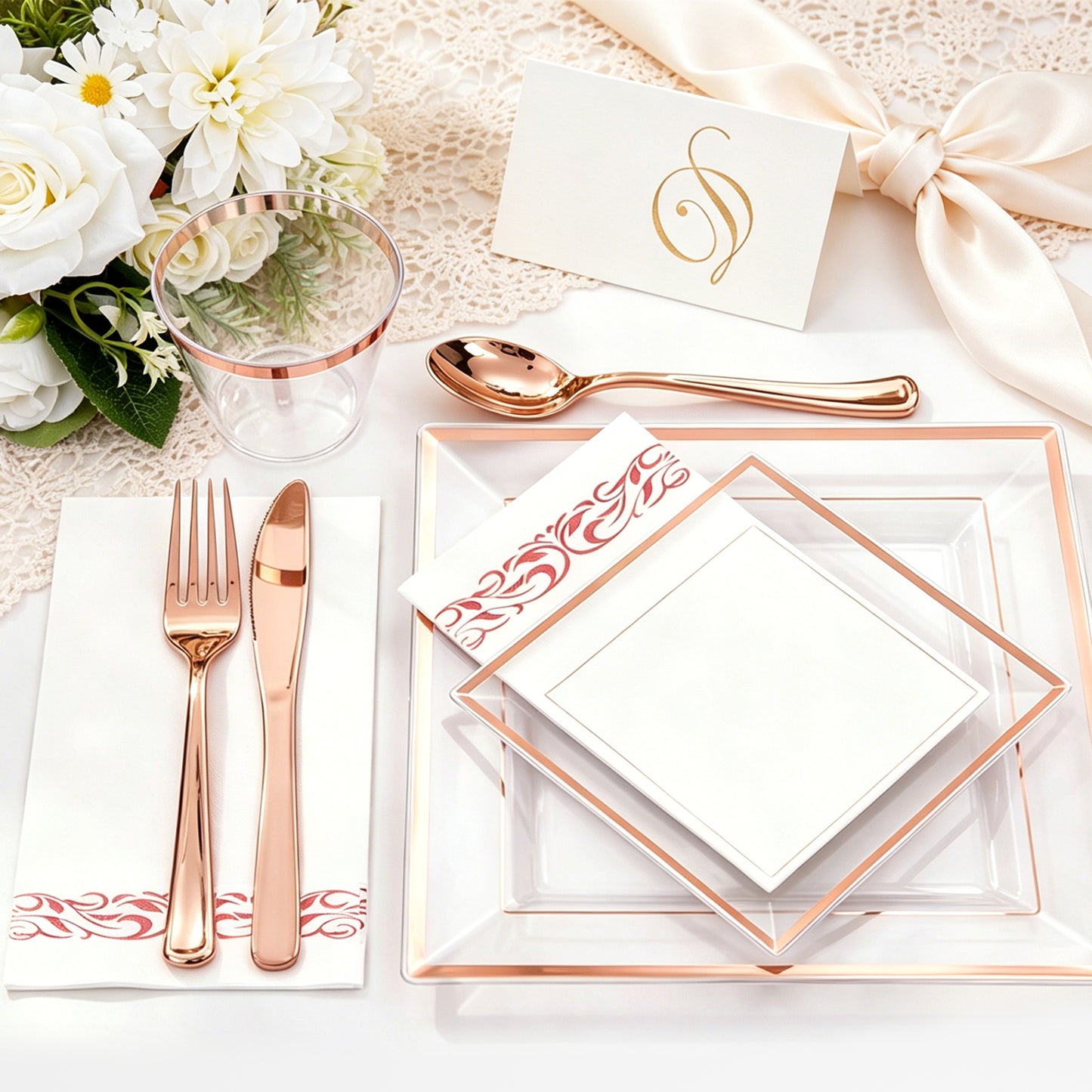 Premium Plastic Tableware for Weddings & Parties with Square Clear Base Rose Gold Rim Plates and Rose Gold Cutlery
