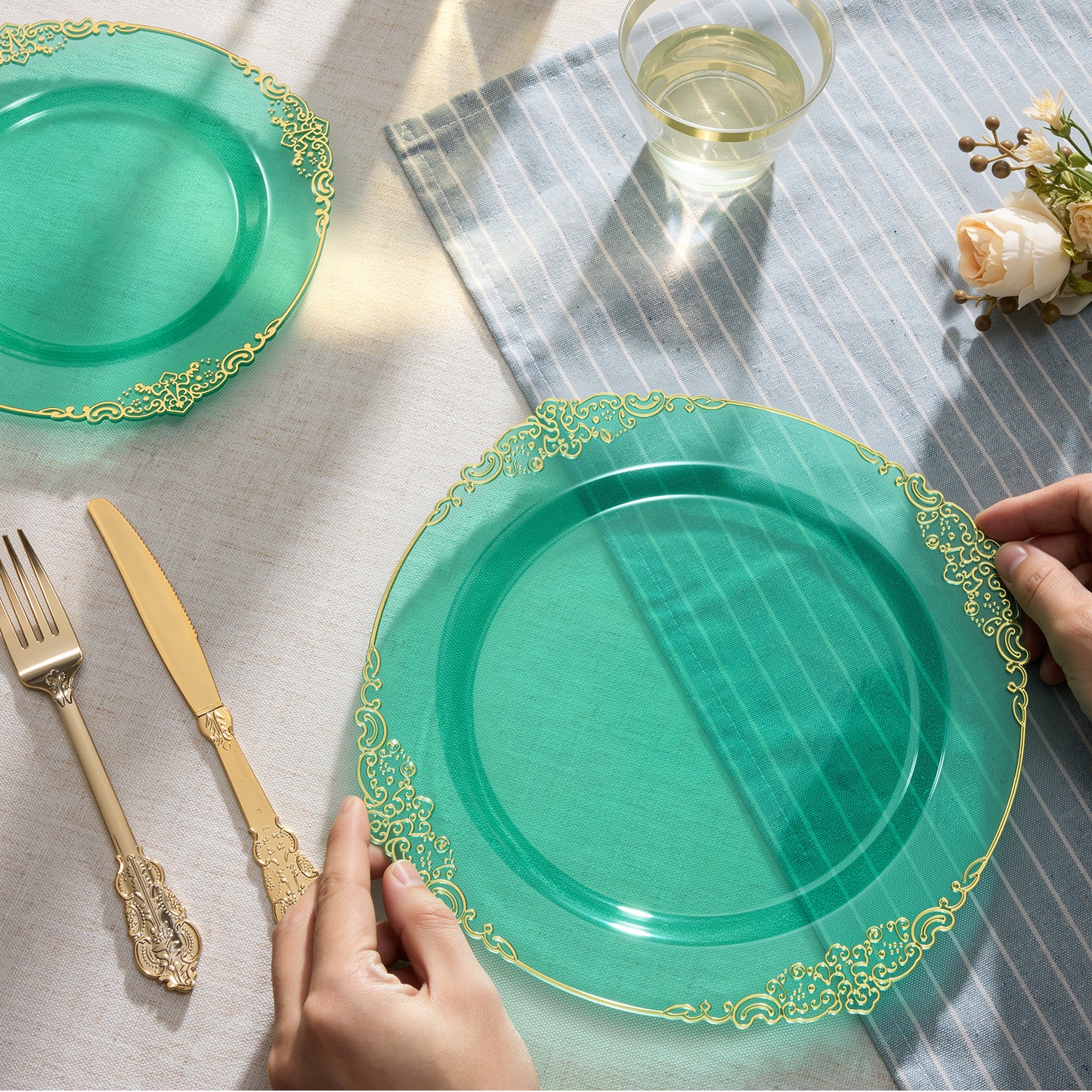 Goodluck Disposable Clear Green Plastic Dinnerware Sets