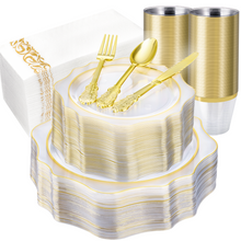Goodluck 350 PCS Disposable Scallop Clear and Gold Plastic Dinnerware Set for 50 Guests