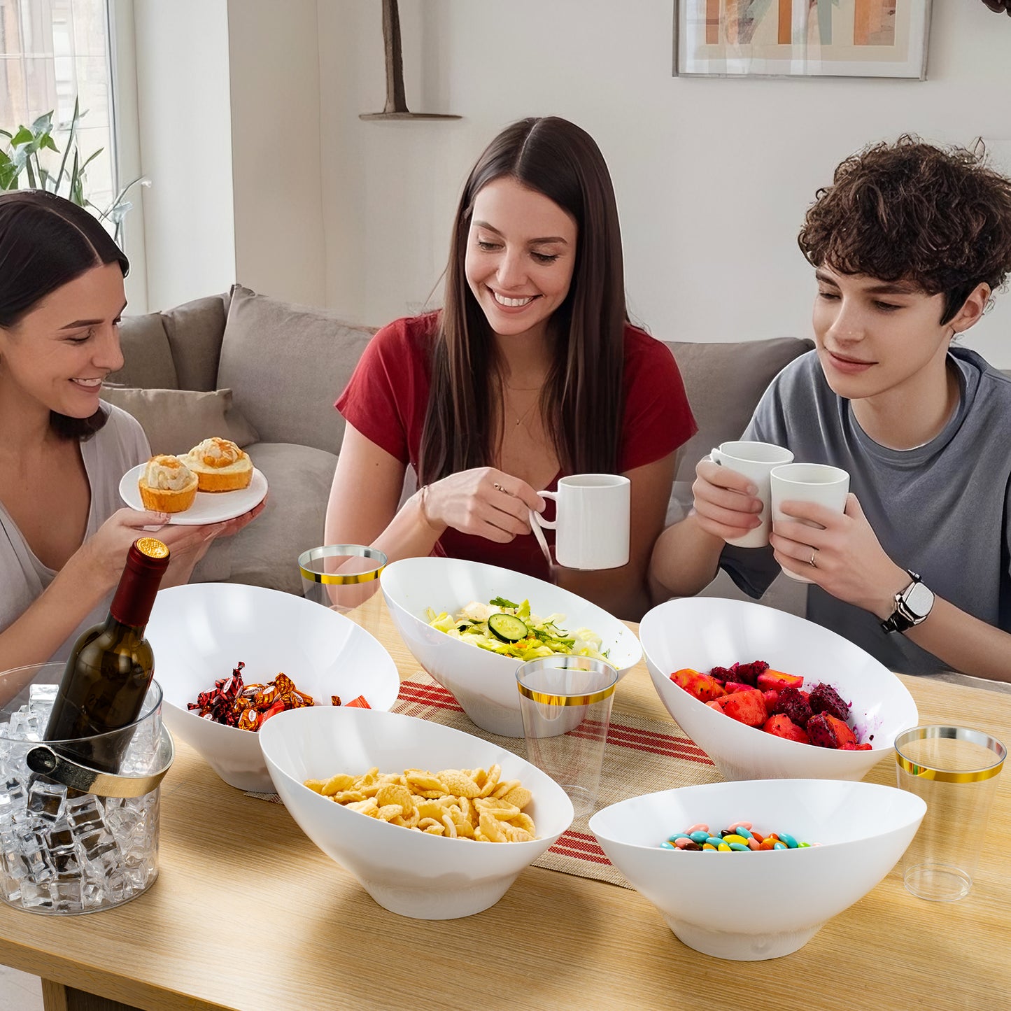 Goodluck 12 Pack 54oz Disposable Angled White Plastic Serving Bowls for Chips, Snacks, Fruit, Salad