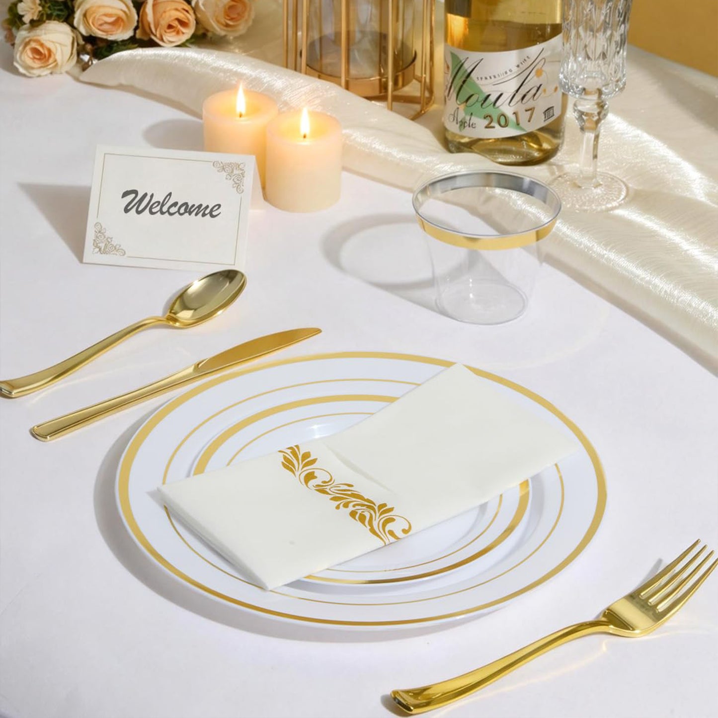 Goodluck  Disposable Elegant Gold Plastic Dinnerware Set for Weddings, Parties, Graduation, Includes: Plates, Place Cards, Cups,  Spoons, Forks, Knives, Napkins