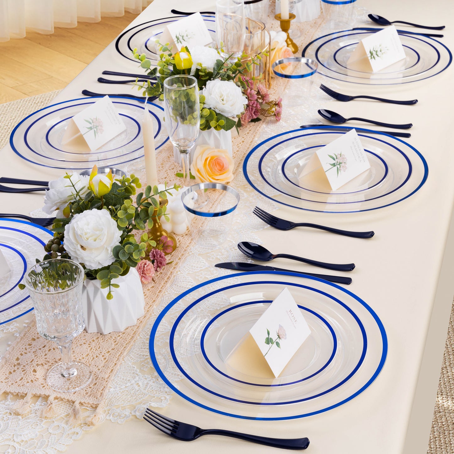 Goodluck 12 Inch Disposable Clear with Blue Rim Charger Plates for Party, Wedding, Dinner