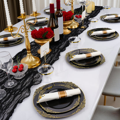 Goodluck 350 PCS Disposable Black and Gold Plastic Dinnerware Set for Party, Wedding, Graduation