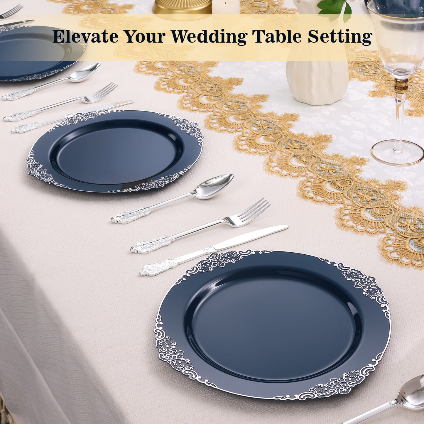 Goodluck 100PCS Heavy Duty Disposable Navy Blue Plastic Plates with Vintage Silver Trim for Weddings, Parties, Events