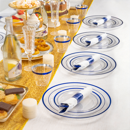Goodluck 350 Piece Disposable Clear with Double Blue Rim Plastic Dinnerware Set for 50 Guests