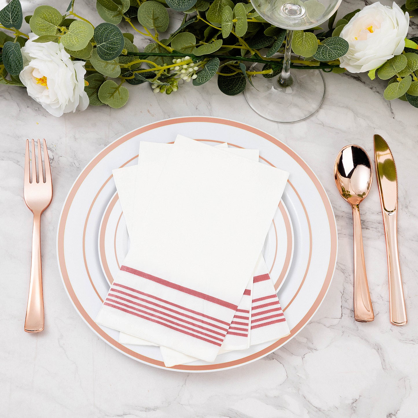 Goodluck 100 Pack 3-Ply Disposable Soft Absorbent Paper Napkins with Rose Gold Trim Lined for Dinners, Kitchen or Events