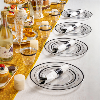 Goodluck Disposable Clear with Double Black Rim Plastic Dinnerware Sets for Party, Wedding, Graduation