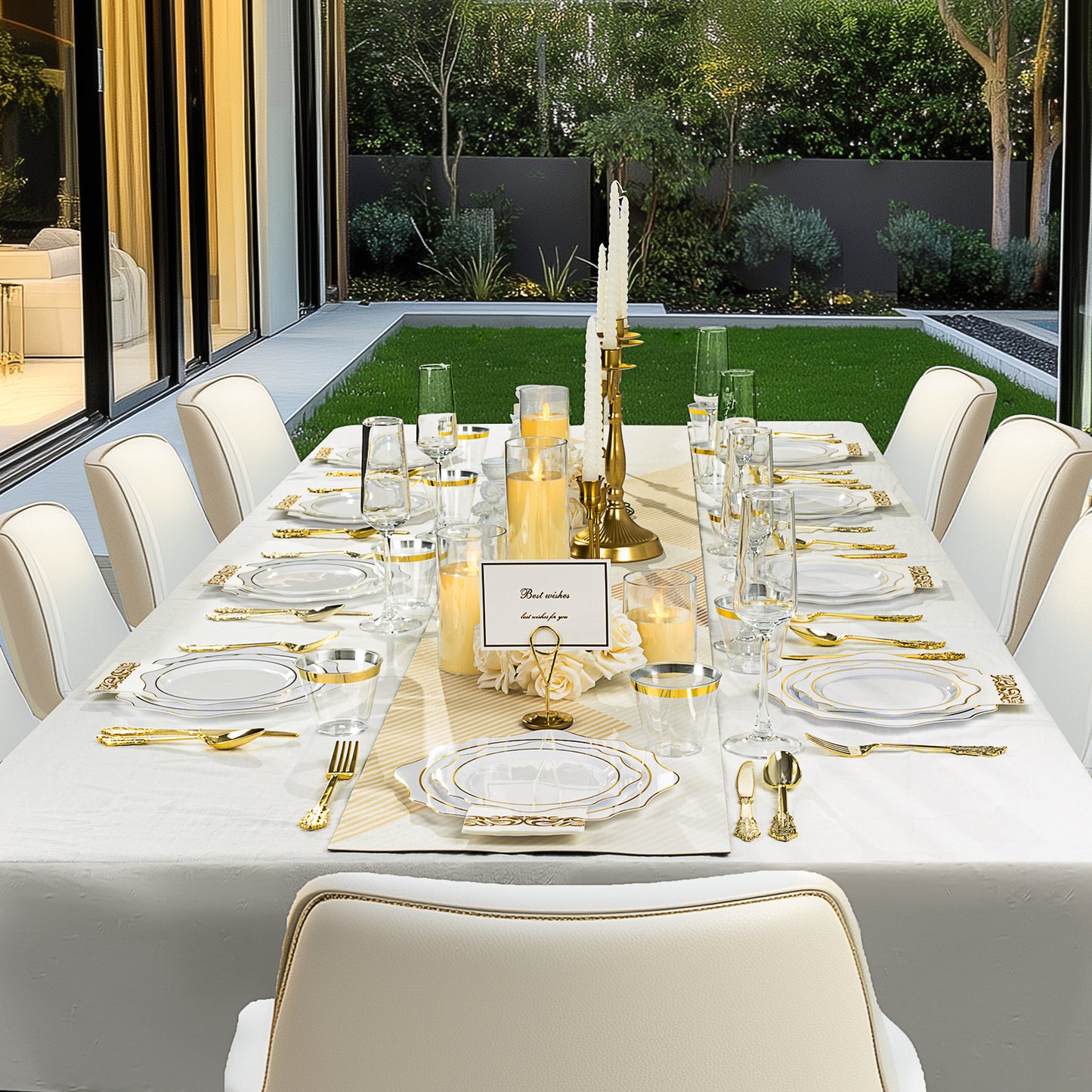 Goodluck 350 PCS Disposable Scallop White and Gold Plastic Dinnerware Set for 50 Guests