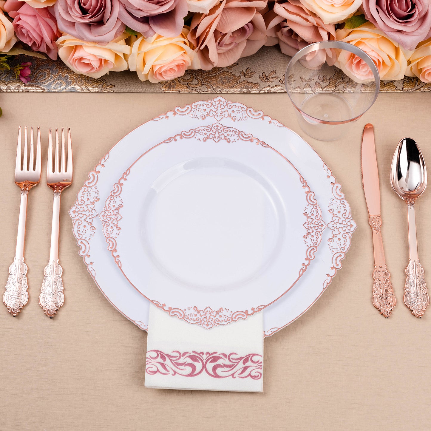 Goodluck 350PCS Retro Style Disposable Rose Gold Plastic Dinnerware Set for 50 Guests