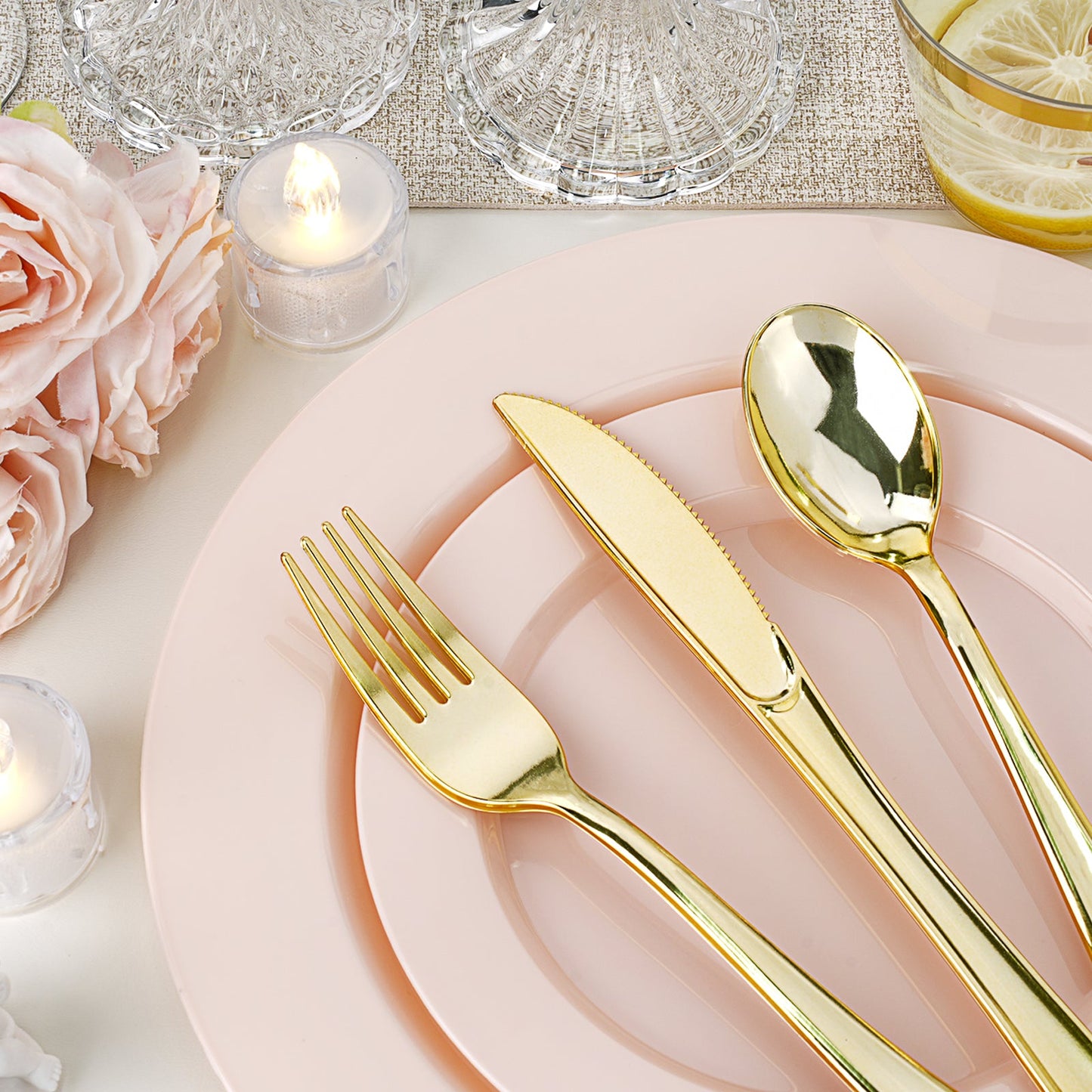 Celebration High-Heavy Pink Plastic Dinnerware Set for Wedding, Graduation