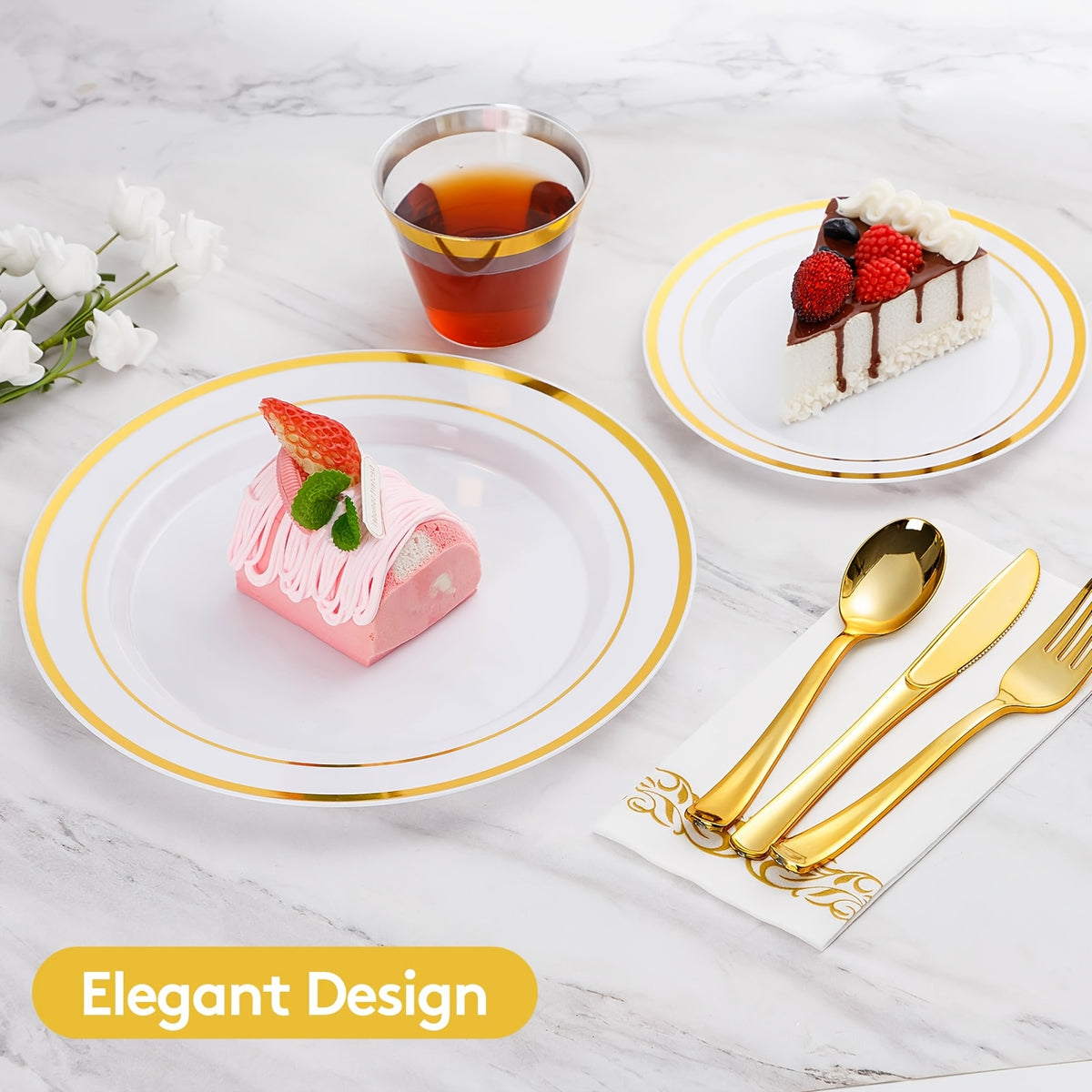 Disposable Plastic Plates for Parties and Weddings, Includes: Dinner Plates, Dessert Plates, and Sets of Gold Cutlery.