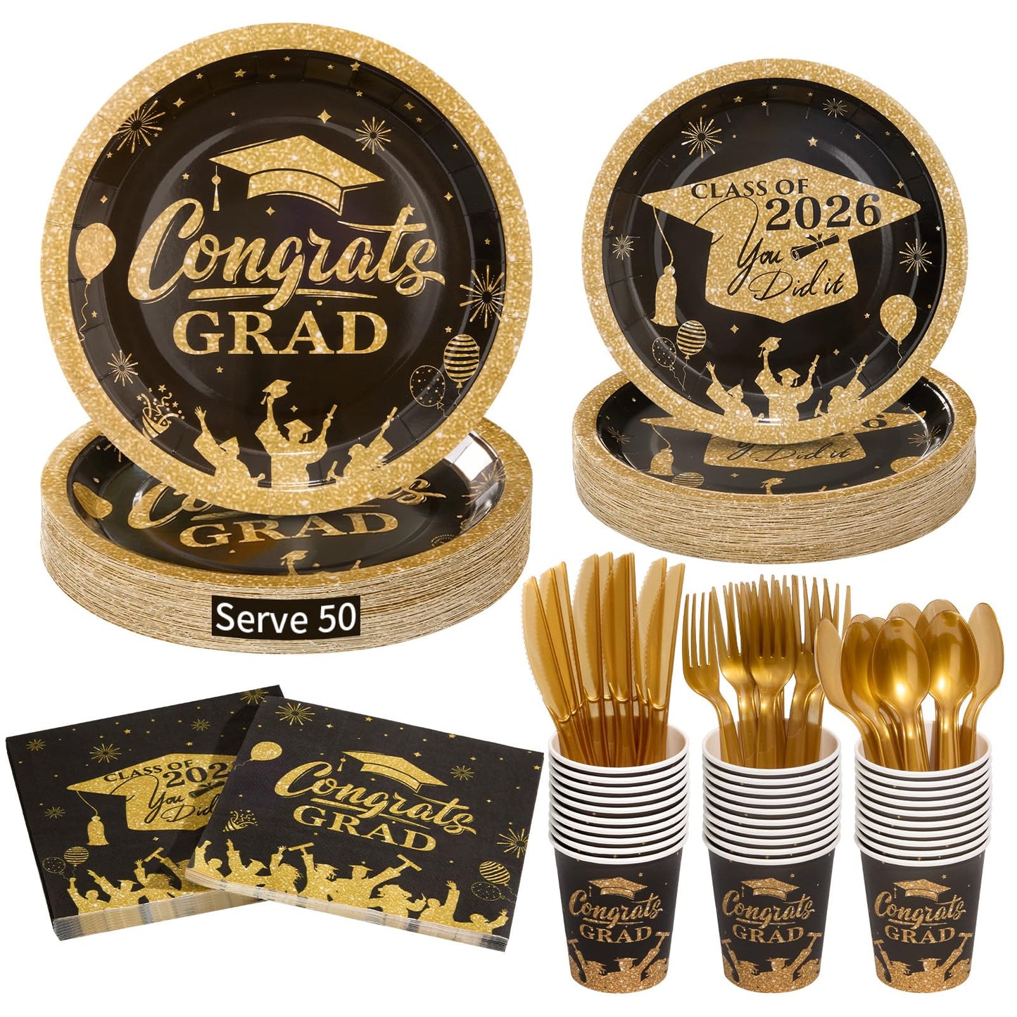 Graduation Party Supplies Include 9" & 7" Disposable Graduation Paper Plates, 9oz Cups, Napkins & Cutlery