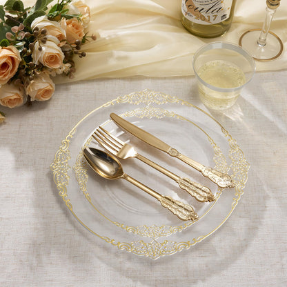 Heavy Duty Elegant Vintage Plastic Plates with Cutlery Set for Wedding, Bridal Shower, Anniversary