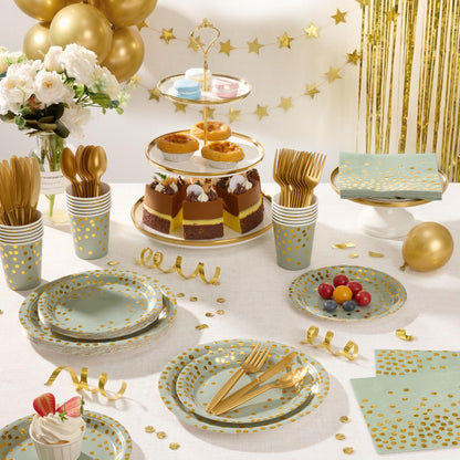 Gold Foil Polka Dot Disposable Party Paper Tableware Set for Birthday, Baby Shower, and Wedding