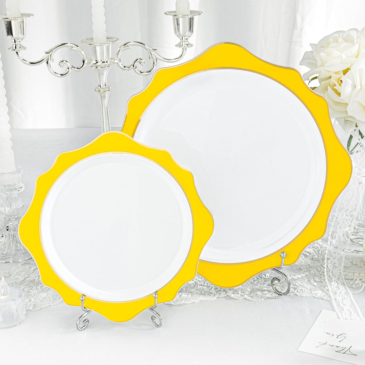 Goodluck 100 PCS White with Yellow Rim Disposable Scalloped Plastic Plates for Party, Wedding, and Graduation