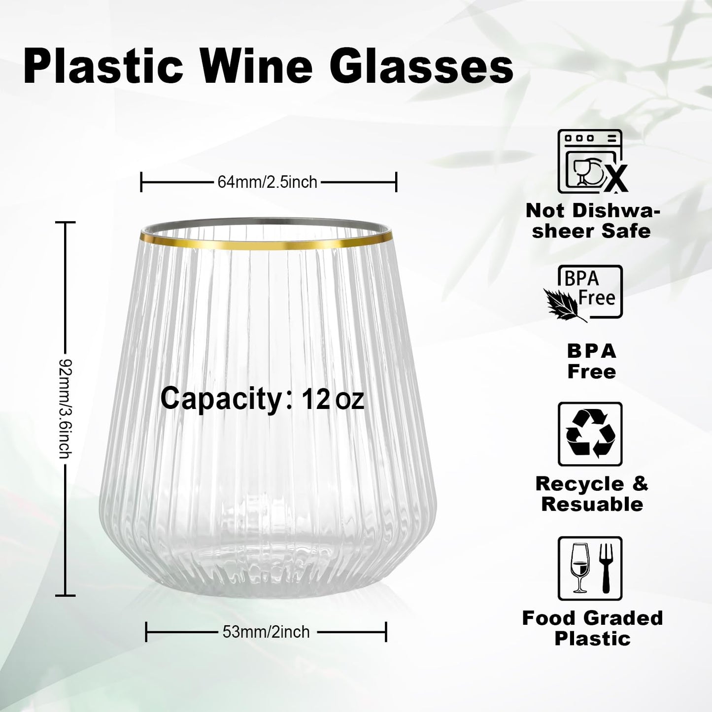 Goodluck 36 Pcs 12 oz Plastic Clear with Gold Rim Ribbed Wine Glasses for Champagne and Whiskey