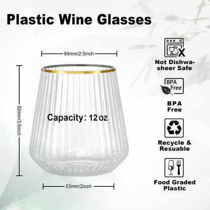 Goodluck 36 Pcs 12 oz Plastic Clear with Gold Rim Ribbed Wine Glasses for Champagne and Whiskey