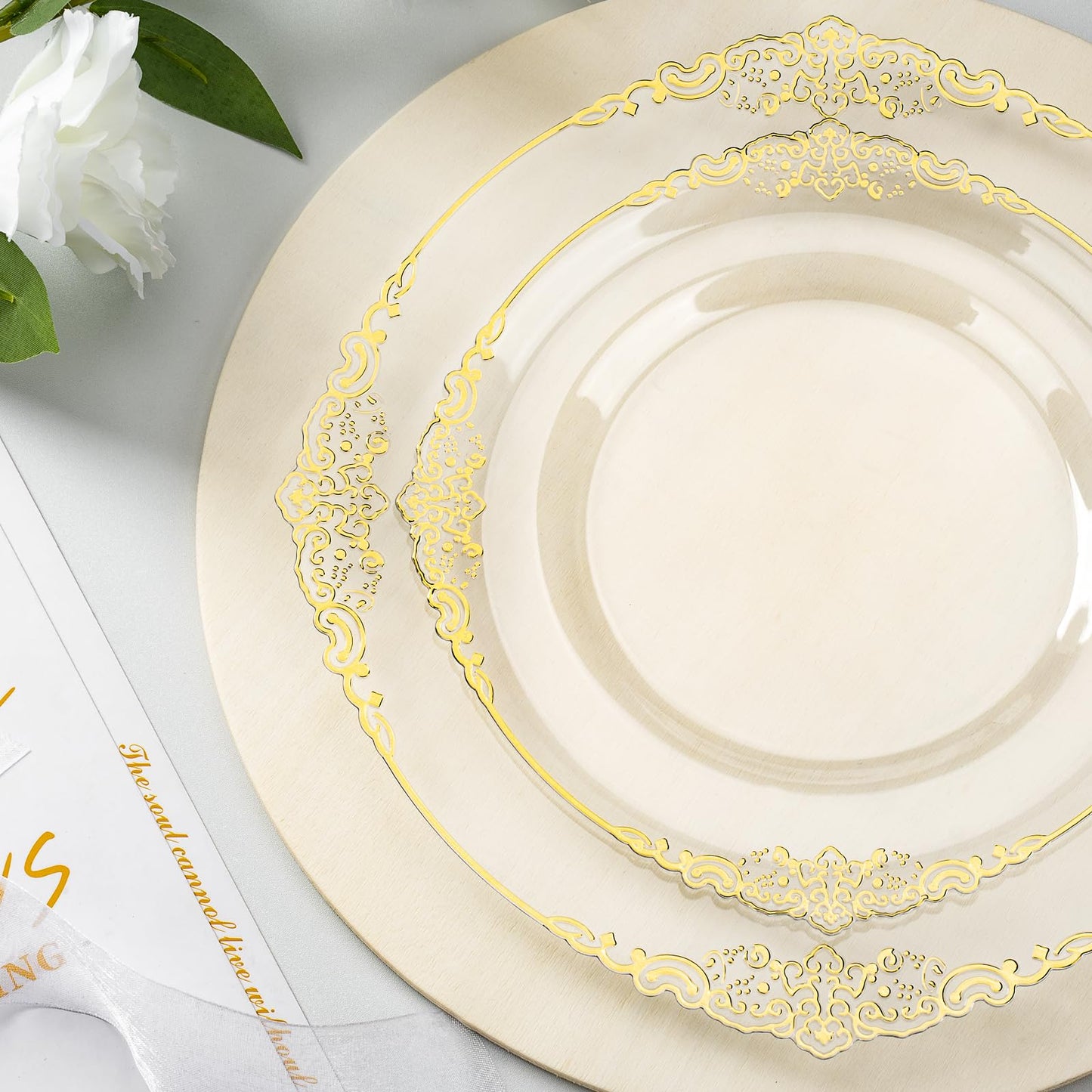 Goodluck 350PCS Disposable Clear with Gold Rim Plastic Dinnerware Sets for 50 Guests