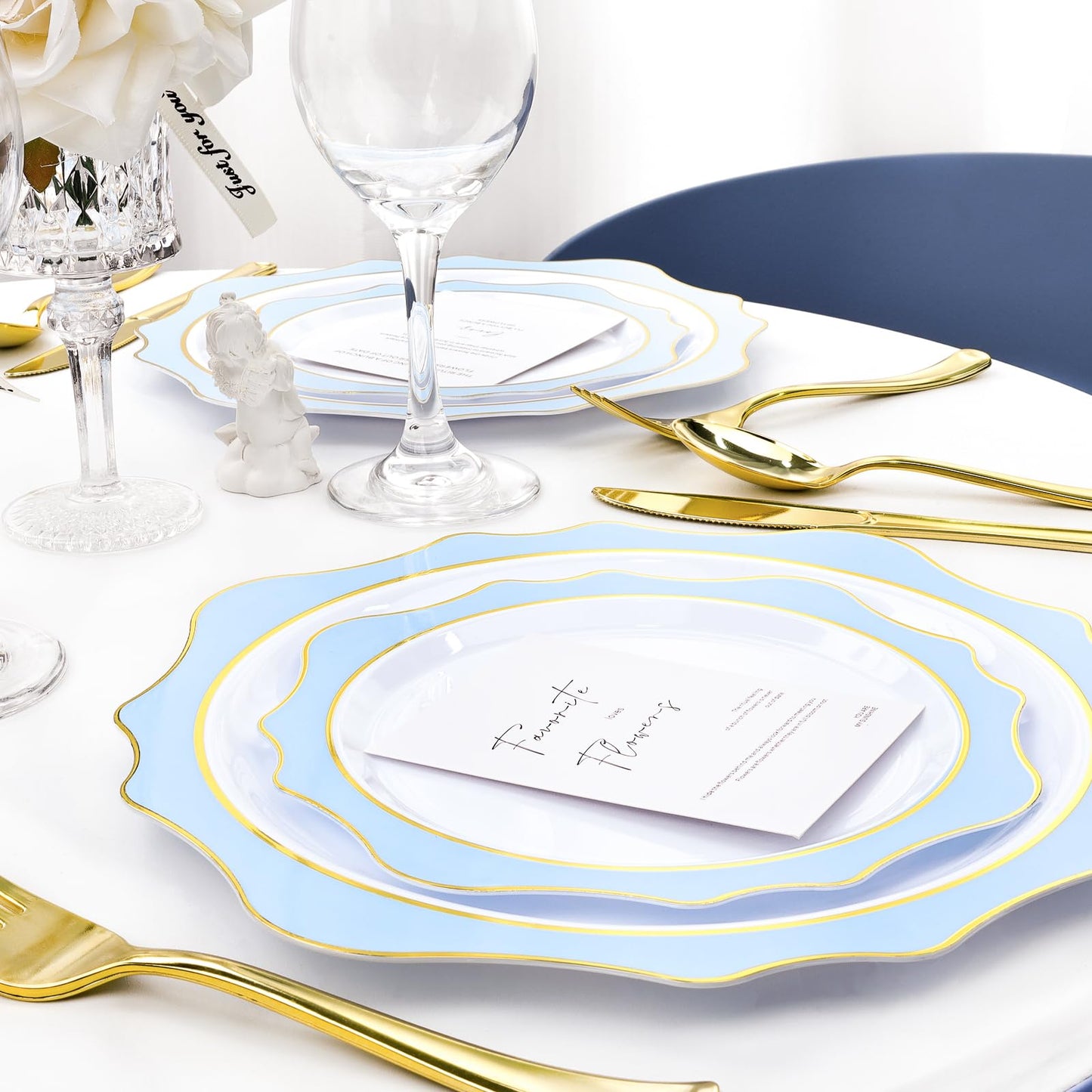 Goodluck 100- Piece Disposable Scalloped White with Blue Rim Plates for 50 Guests