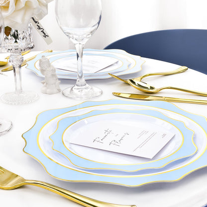 Goodluck 100- Piece Disposable Scalloped White with Blue Rim Plates for 50 Guests