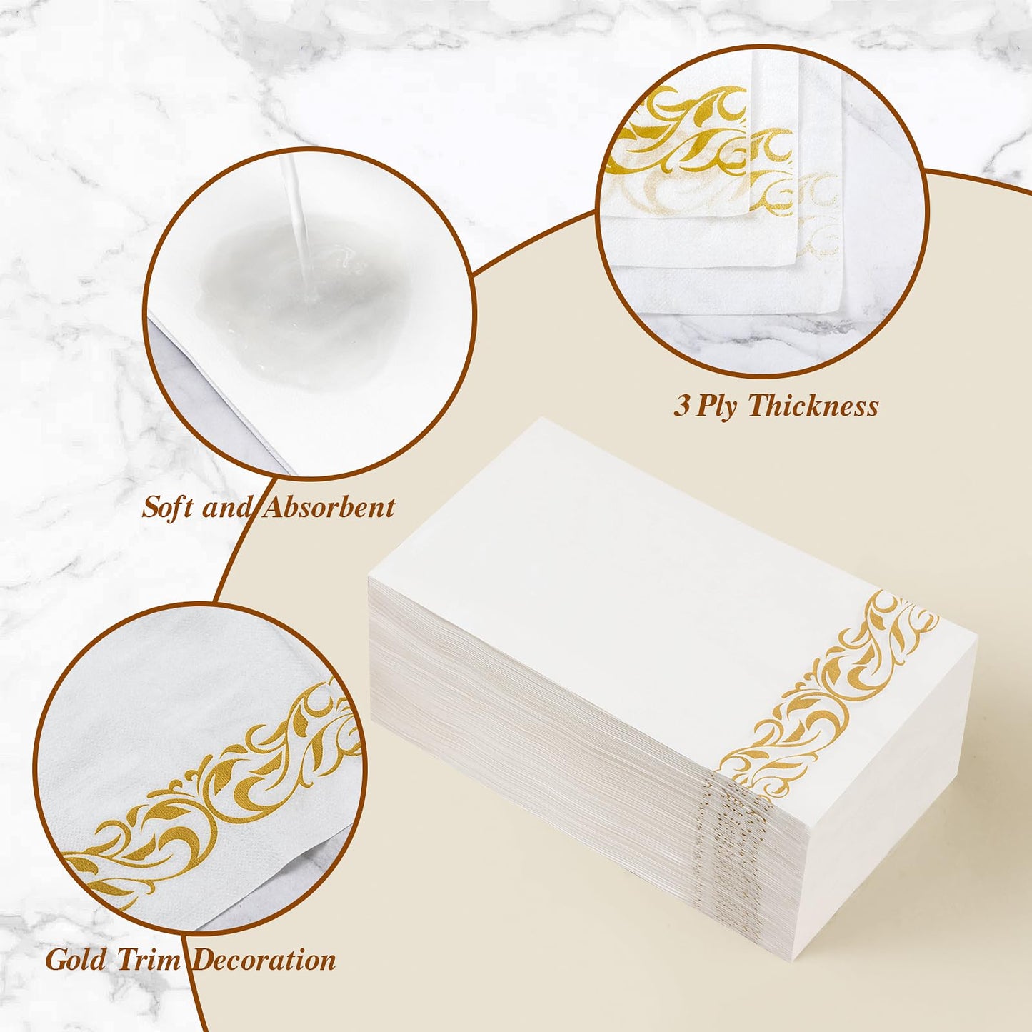 Goodluck Disposable 3-Ply with Gold Trim Dinner Paper Napkins
