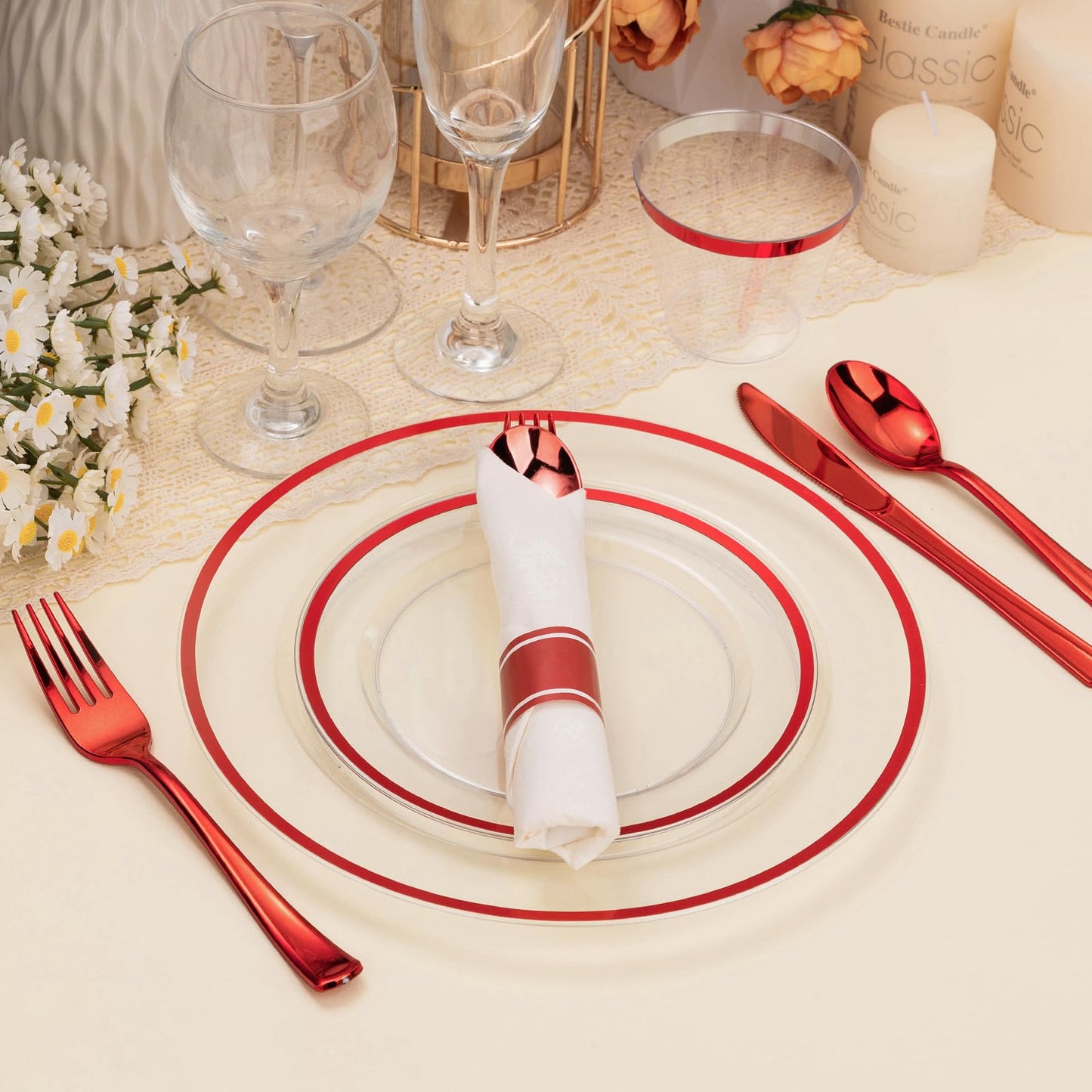 Goodluck Disposable Clear with Red Rim Plastic Dinnerware Set