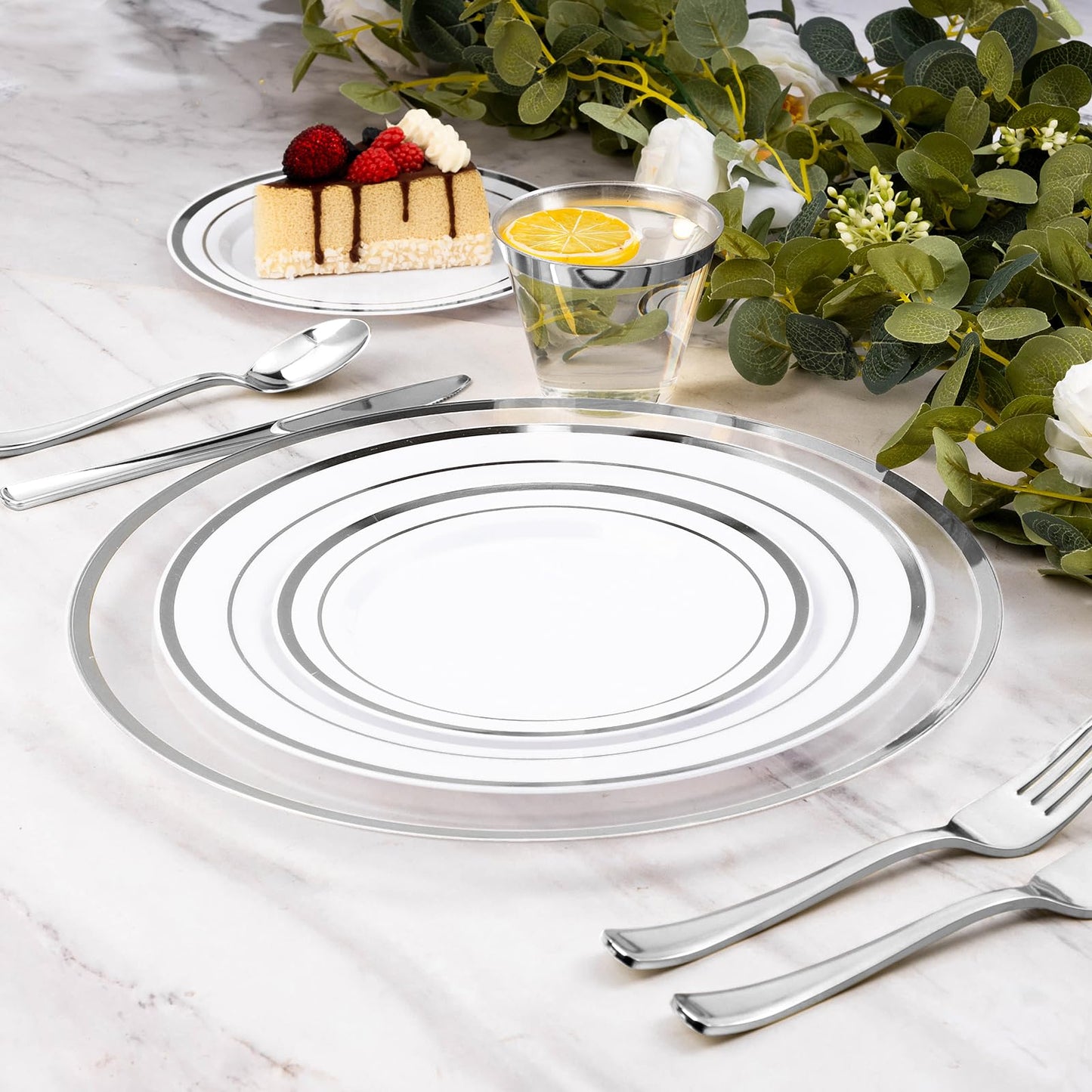 Goodluck 50 Pack 12 Inch Disposable Clear with Silver Rim Charger Plates