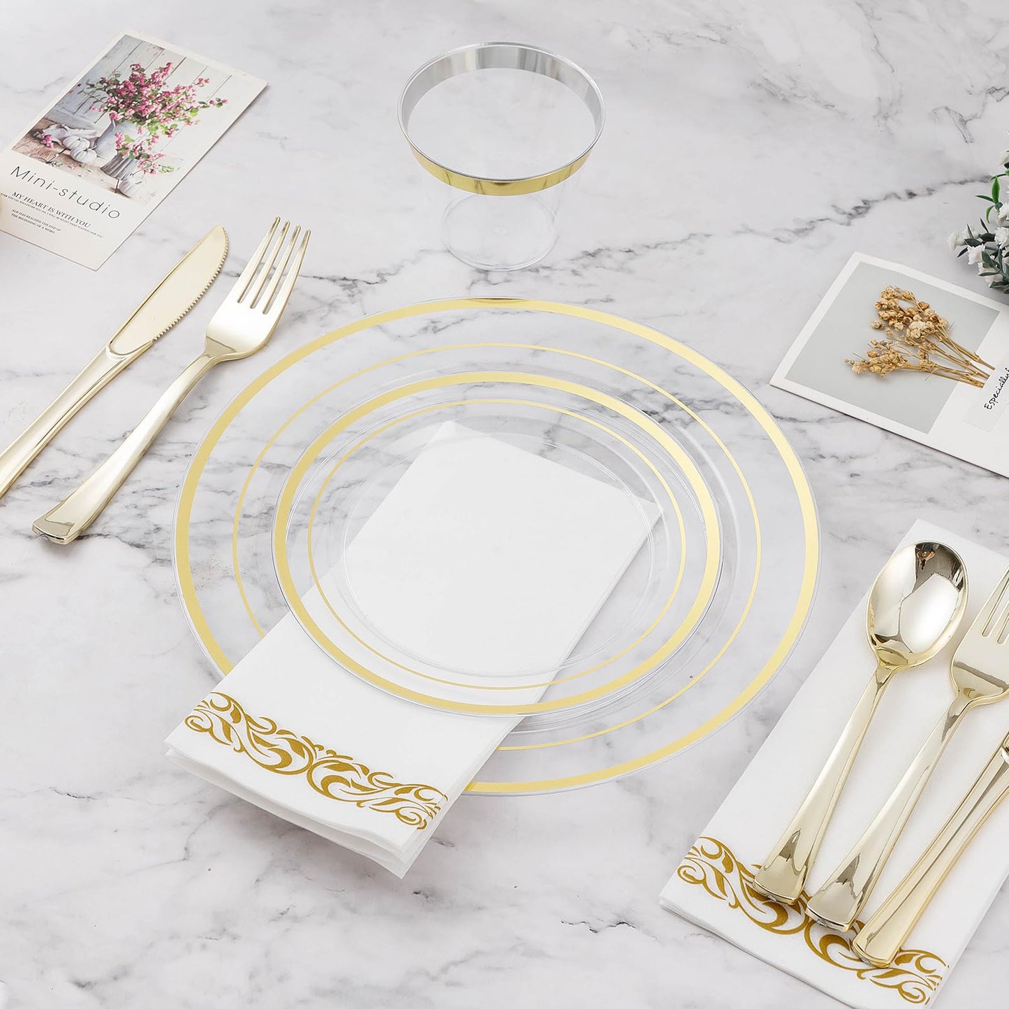 Goodluck 700-Piece Clear Gold Disposable Dinnerware Set for 100 Guests
