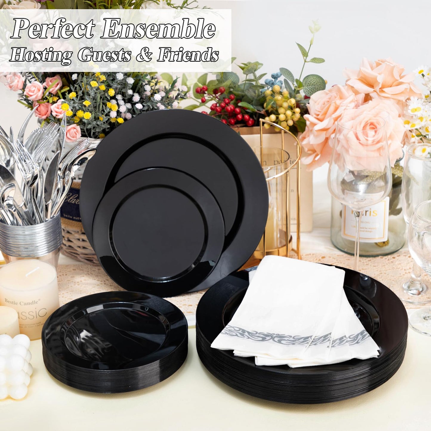 Goodluck Disposable Black Plastic Plates Set