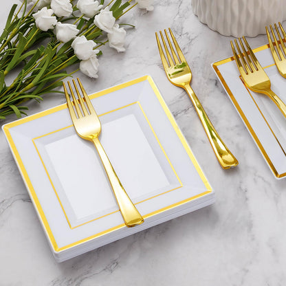 Goodluck 120 Pieces Gold Square Plastic Plates with Forks for 60 Guests