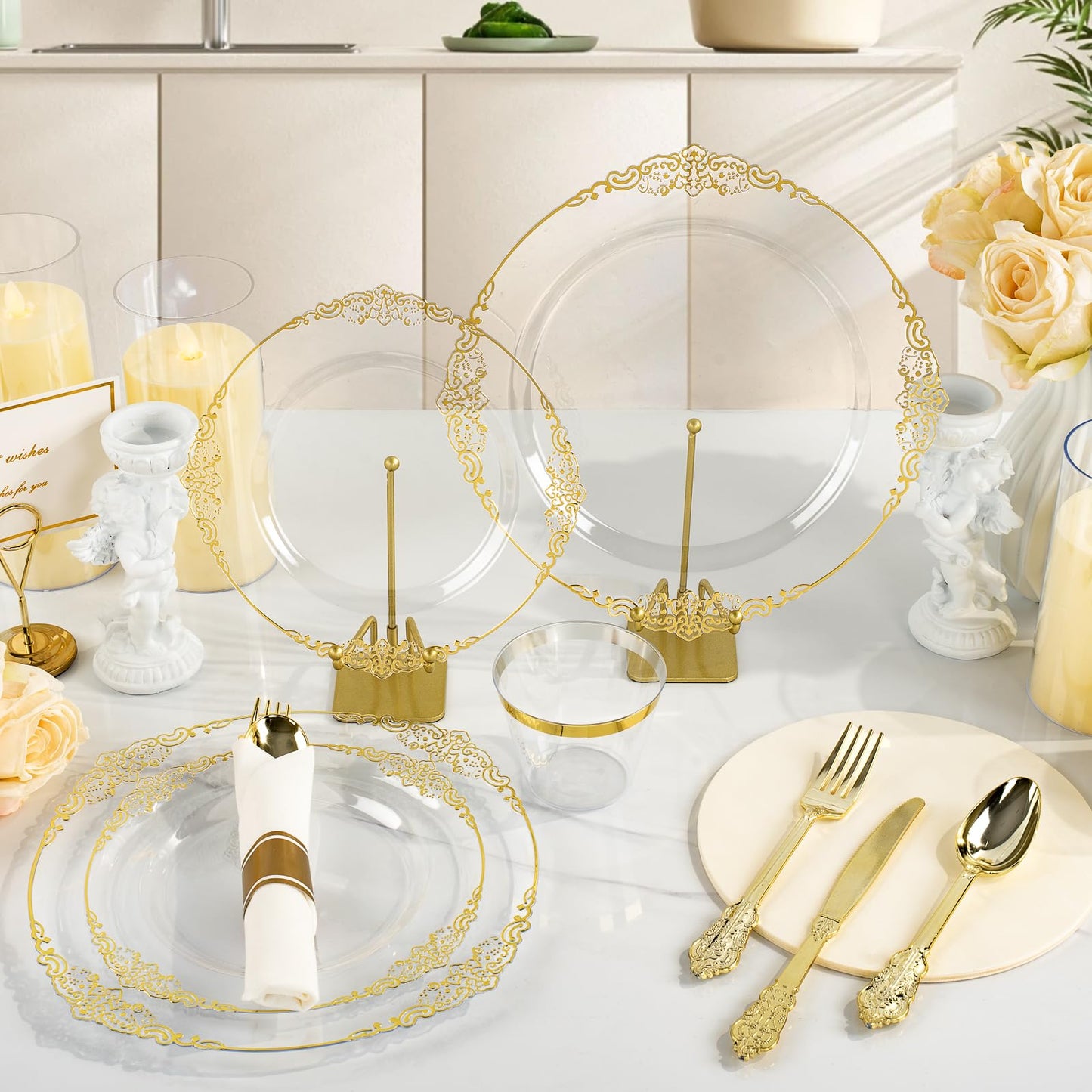 Goodluck 350PCS Disposable Clear with Gold Rim Plastic Dinnerware Sets for 50 Guests