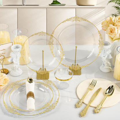 Goodluck 350PCS Disposable Clear with Gold Rim Plastic Dinnerware Sets for 50 Guests