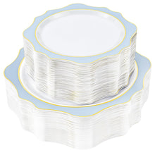 Goodluck 100- Piece Disposable Scalloped White with Blue Rim Plates for 50 Guests