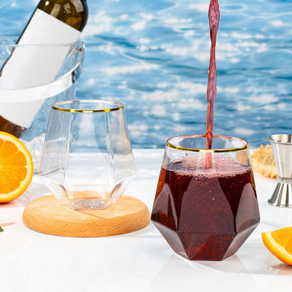 Goodluck 40 Pack 12 Oz Diamond Stemless Plastic Wine with Gold Rim Glasses for Whiskey or Cocktail