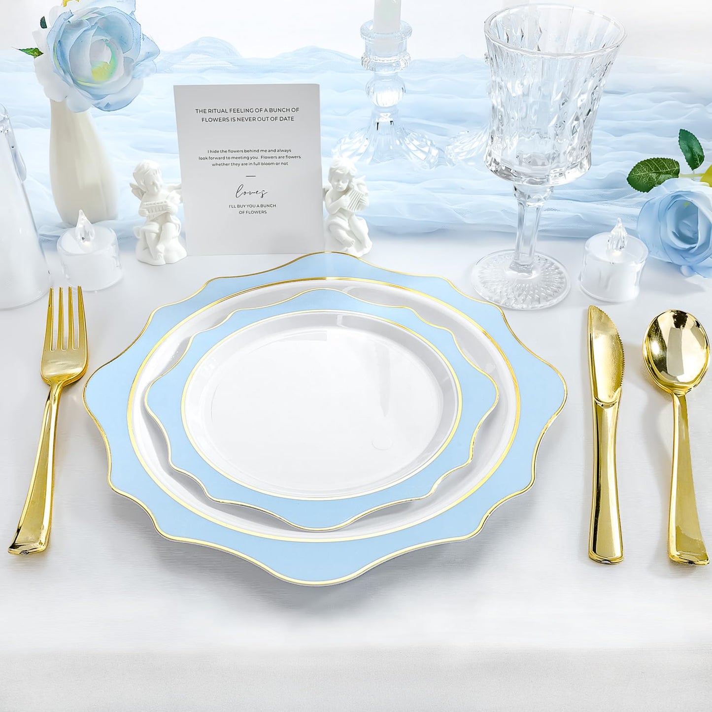 Goodluck 100- Piece Disposable Scalloped White with Blue Rim Plates for 50 Guests